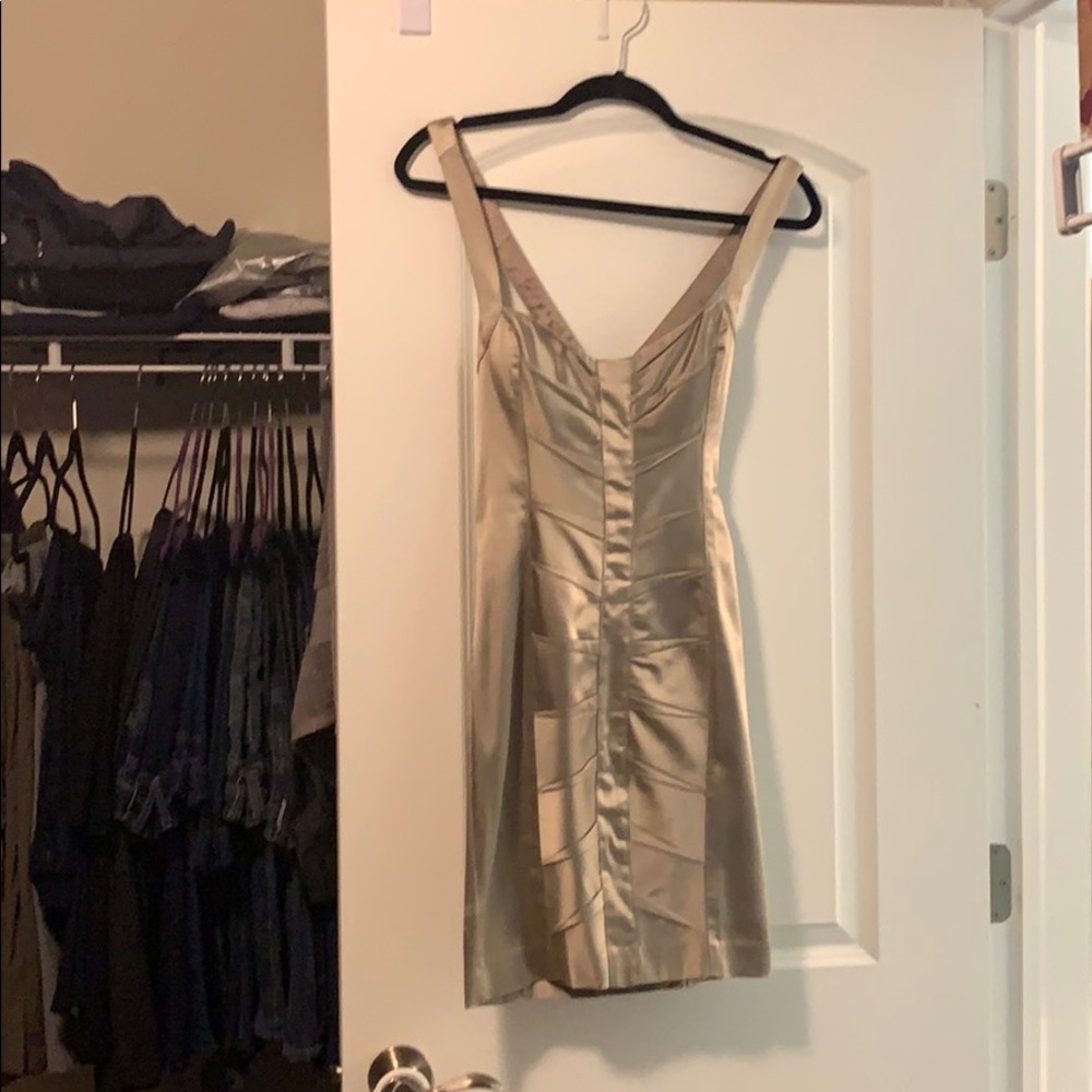 Bebe gold satin mini party dress.